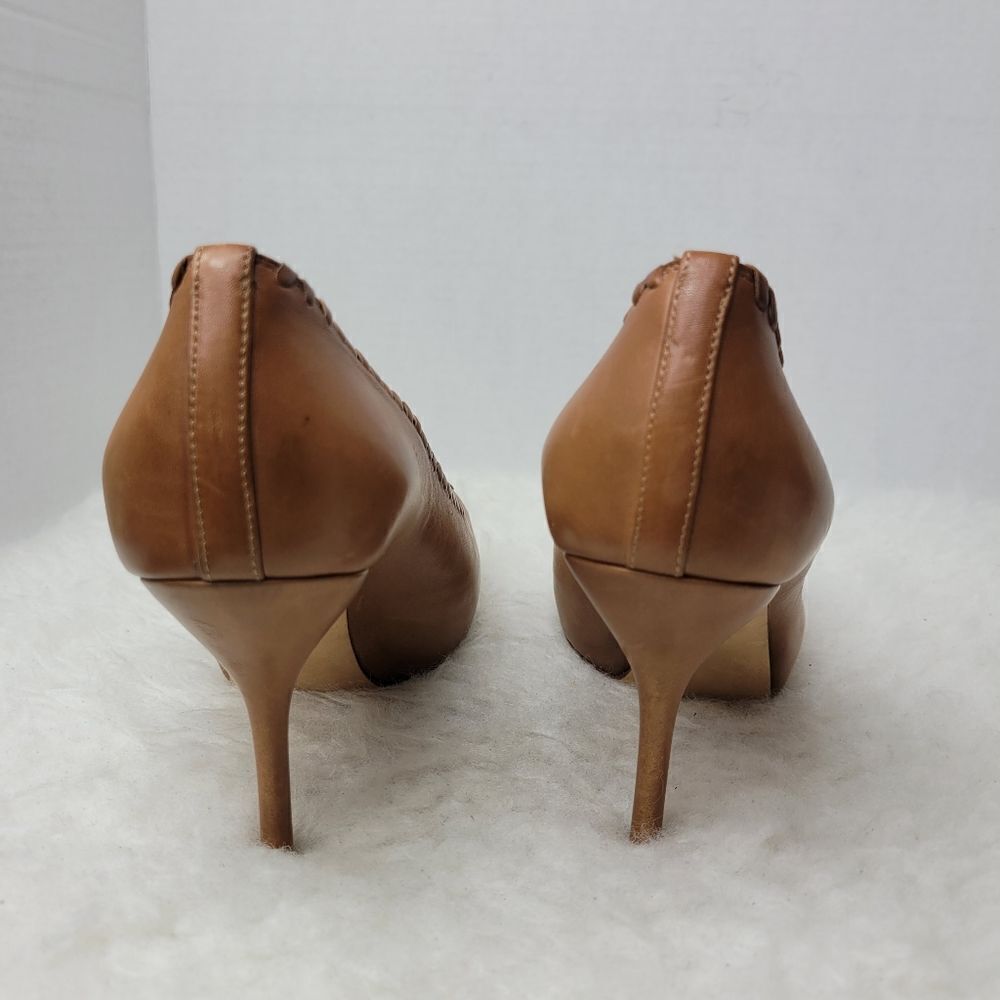 Gucci Brown Leather Whipstitch Trim Pumps Open Toe 264984 Heel Shoes Size 7 US - Picture 4 of 10